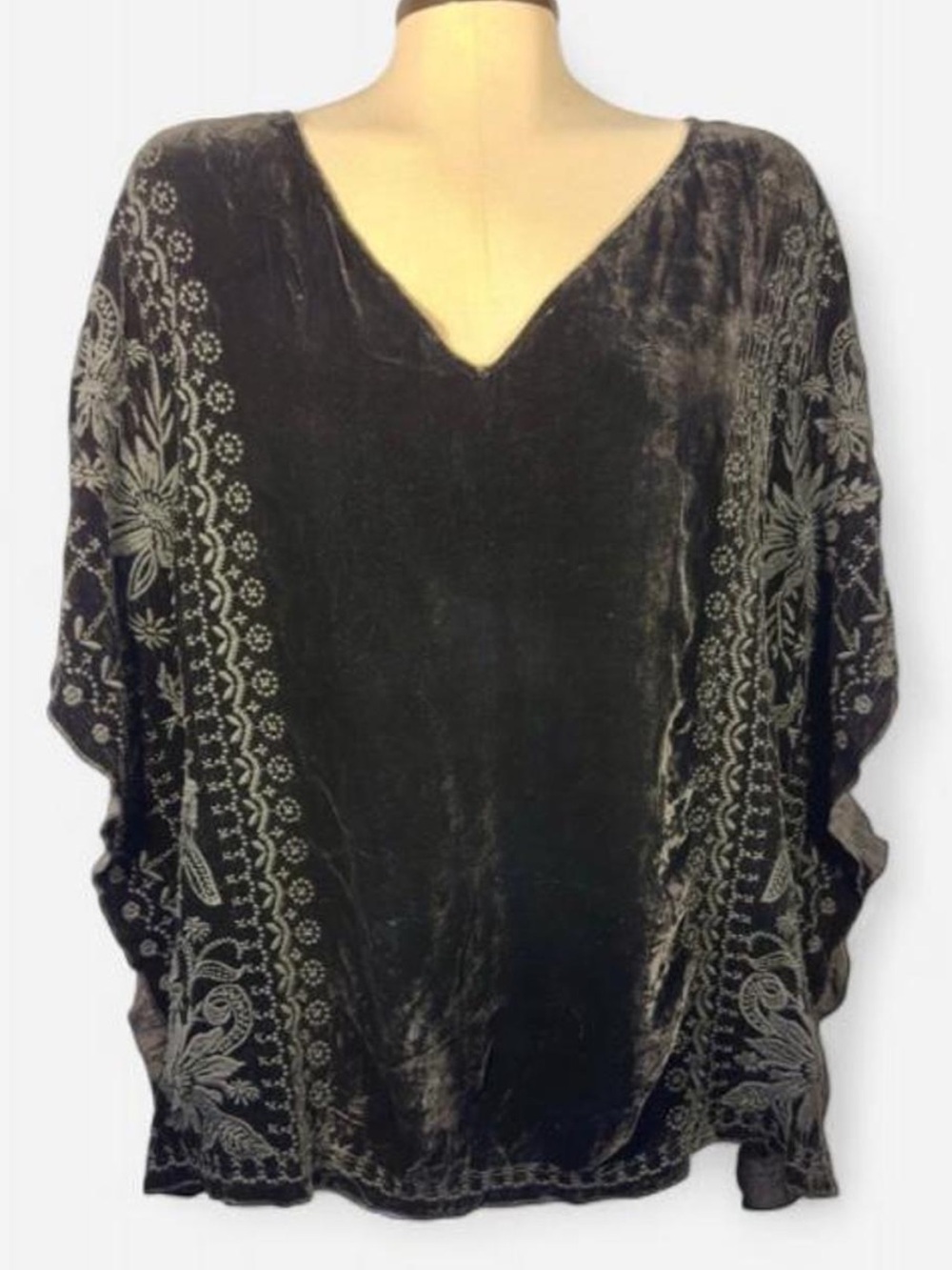 JW Los Angeles Black Silk Blend Velvet Embroidered Kimono Sleeve Boho Tunic Med